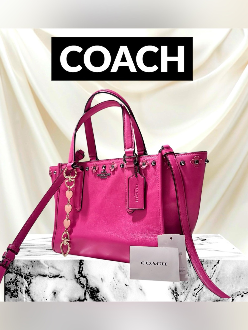 Rare Coach shoulder Bag Hot Pink Leather Tote bag Crossbody bag with Heart Charm - Picture 4 of 17